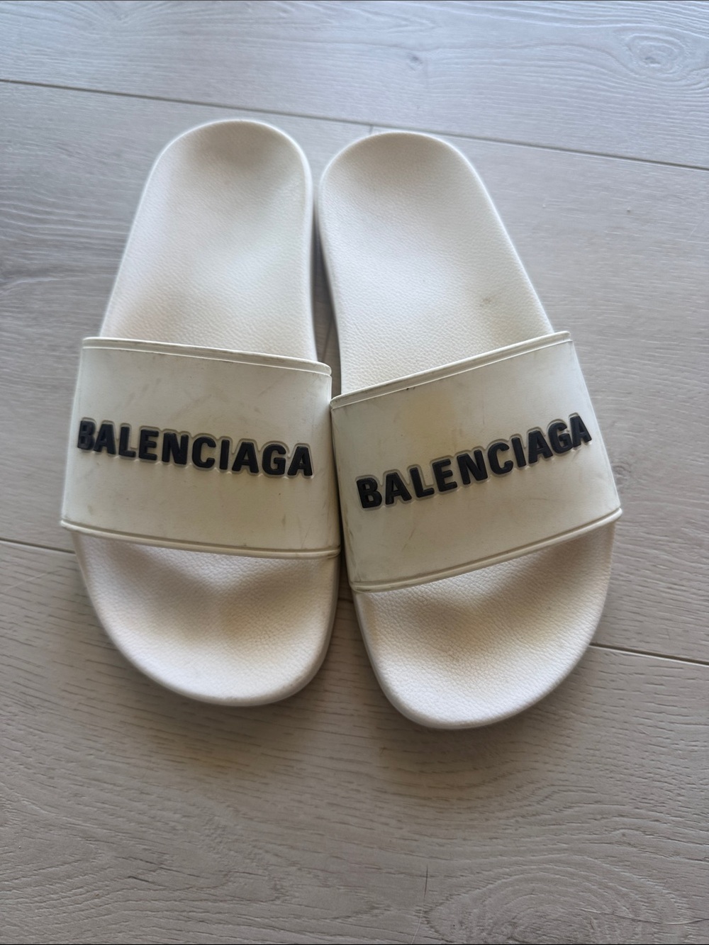 Balenciaga White Slide Sandals with Black Logo